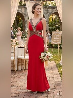 Glamorous Red Beaded Maxi Dress